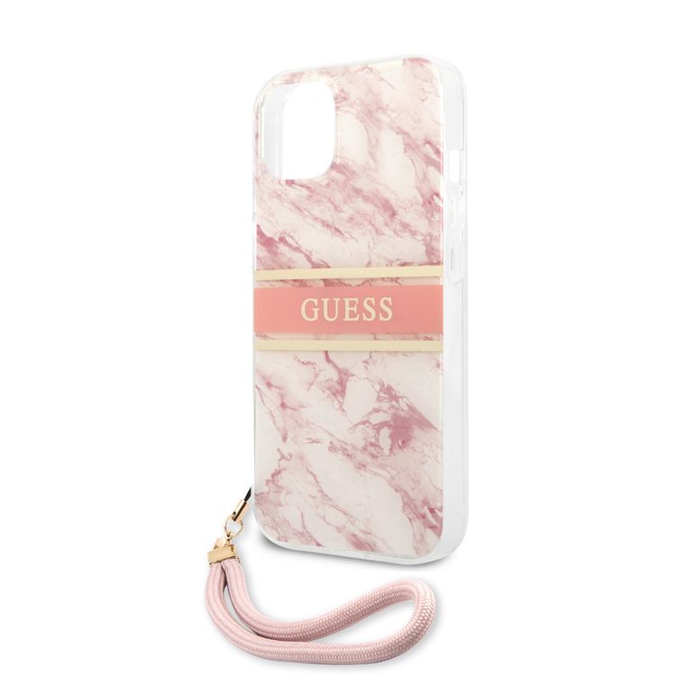 CG MOBILE Guess PC/TPU Case Marble Design & Stripe with Anti-Lost Nylon Strap for iPhone 13 (6.1") Shock Absorption & Drop Protection Suitable with Wireless Chargers Officially Licensed Pink