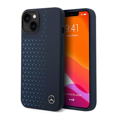 Mercedes-Benz Liquid Silicone Case with Gradient Star Horizontal Pattern iPhone 14 Compatibility - Navy
