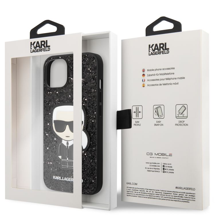 Karl Lagerfeld Glitter Flakes Case with Ikonik Patch Shockproof iPhone 14 Compatibility - Black