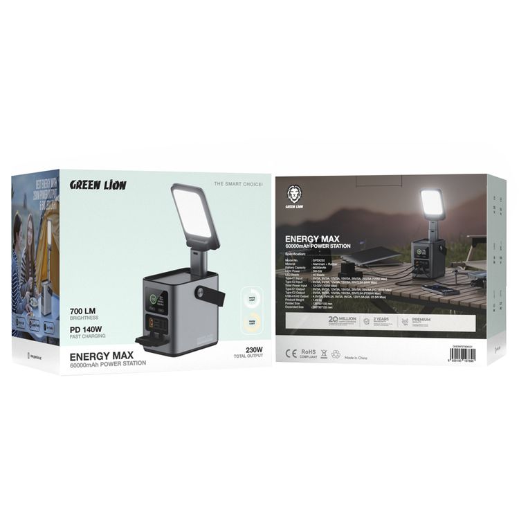 Green Lion Energy Max 60000mAh Power Station with 230W Total Output, Brightness of 700 Lumens, PD 140W, Digital Display, 100W Solar Input, QC 22.5W - Gray