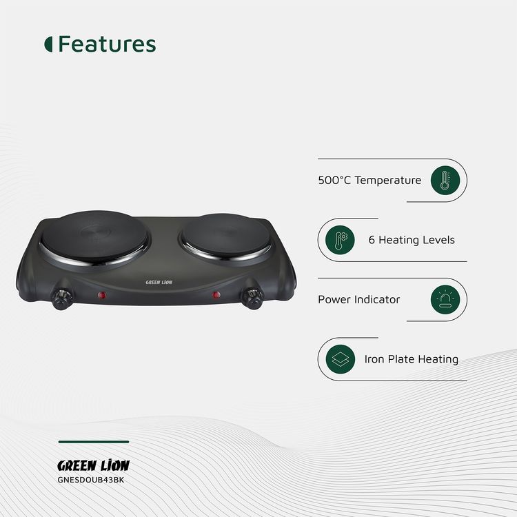 Green Lion Electric Stove with Double Hot Plate, 6 Heating Levels, Anti-Slip Base, Power Indicator, Easy-to-Clean Design, Thermostat Control, Iron & Plastic Material, 50-500° C Temperature Range, 70cm BS Plug - Black