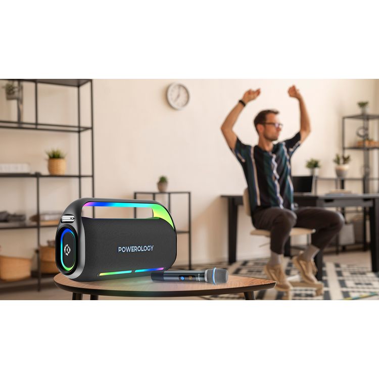 Powerology TWS Karaoke Speaker 150W with Mic and Remote, Bluetooth Version 5.0 + DSP, 18000mAh Battery Capacity, 12 Hours Working Time, 7.5 Hours Charging Time - Black