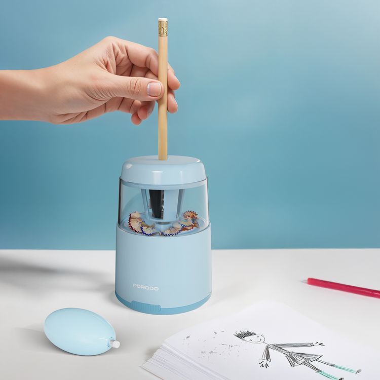 Porodo Kids Electric Sharpener & Vacuum Stationary Set with Child-Friendly Design, Type-C Charging Port, Child-Friendly Design, Desktop Vacuum Cleaner,  Electric Eraser, Stapler & more - Blue