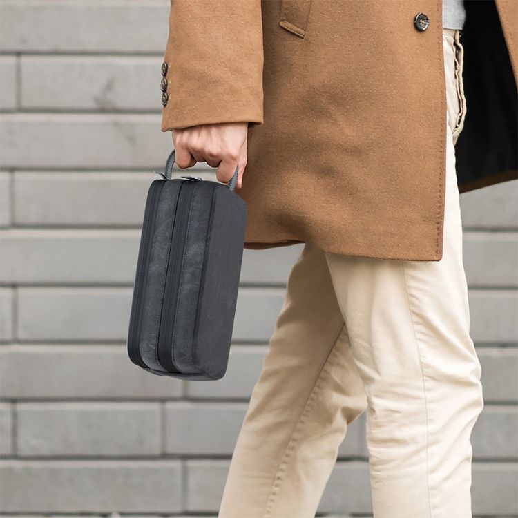 Green Lion Tirana Travel Pouch with Leather Strip & Durable Zippers, Multiple Compartments, PU Leather Material & Flannelette Inner Material, Ergonomic Design & Fit for Accessories - Gray