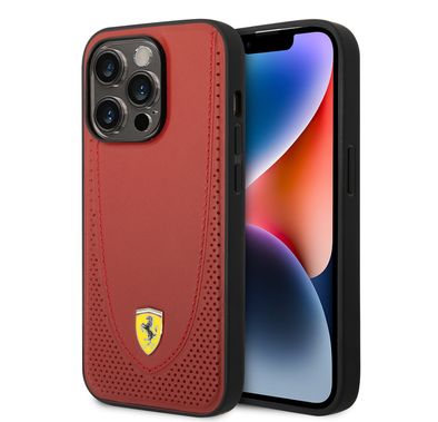 CG Ferrari Magsafe Compatibility Genuine Leather Hard Case with Curved Line Stitched iPhone 14 Pro Max Compatibility - Red