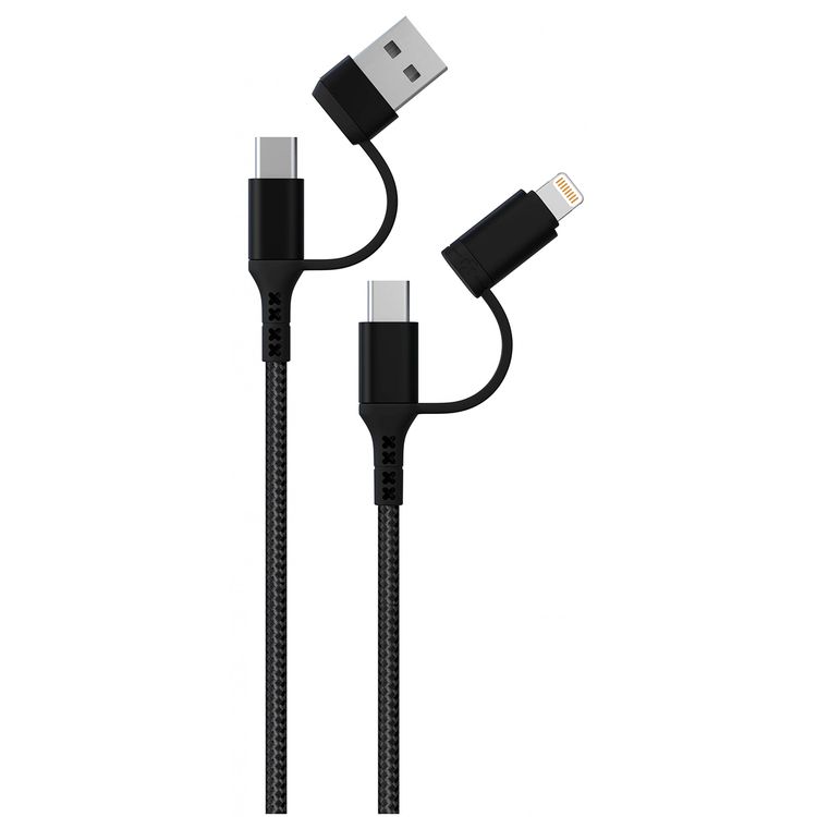 Green Lion Charging Cable, Multiple Braided 2 in 2 Fast Charging Cable Port Connectors 3A, USB-A + Type C + Lightning Cable with Mobile Phones, Tablets, Universal Use, 1.2 M - Black