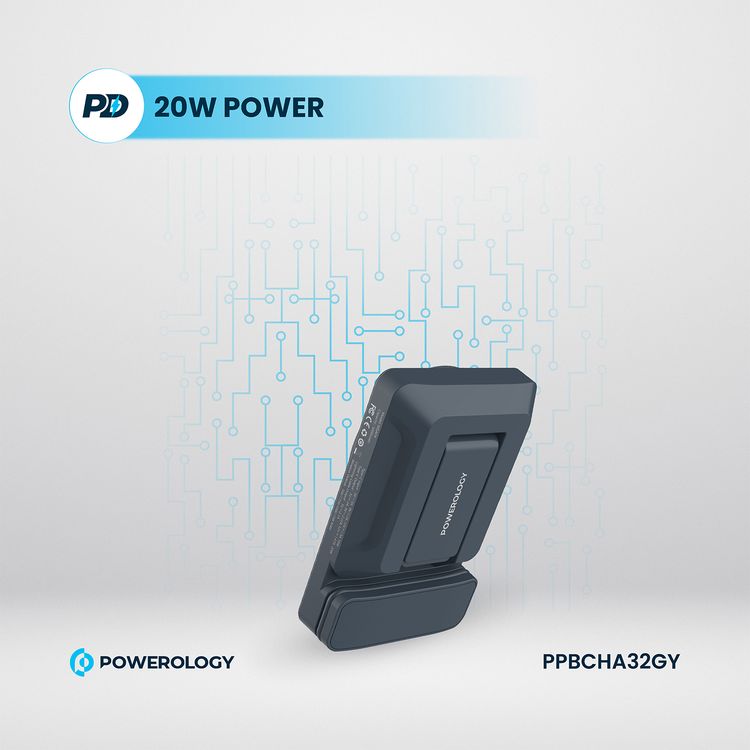 Powerology Car Mount 5000mAh Power Bank with Magnetic Wireless Charger, MagSafe Charging, PD 20W Fast Charge, Folding Air-Vent Clip, LED Indicator, Built-In Type-C Cable, Lightweight & Portable - Gray 