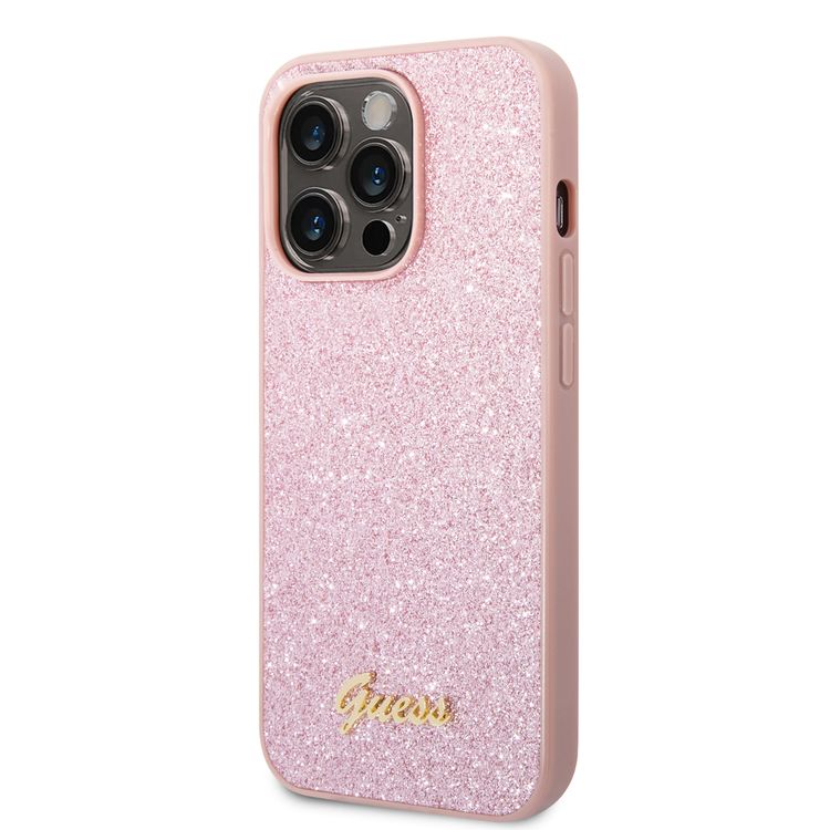 Guess PC/TPU Glitter Flakes Case with Script Metal Logo iPhone 14 Pro Max Compatibility - Pink