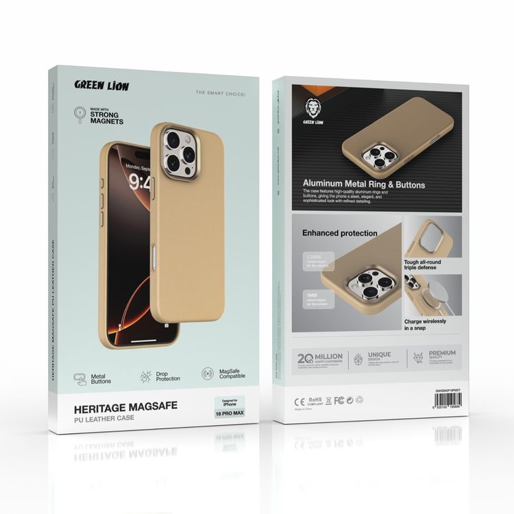 Green Lion Heritage Magsafe Leather case For iPhone 16 Pro Max, Camera Protection, Metal Buttons, Anti Scratch - Desert Titanium