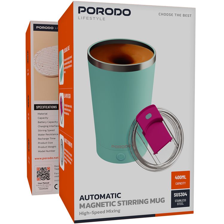 Porodo Automatic Magnetic Stirring Mug with Detachable Base Design, 7000RPM Stirring Speed, IPX6 Water-Resistance Level, 400mL Capacity, Leakproof Silicone Lid, 300mAh Battery, USB-C Charging Port - Blue