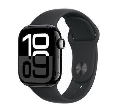 ساعة Apple Watch Series 10 GPS مقاس 42 مم، هيكل من الألومنيوم باللون الأسود مع حزام رياضي أسود، عمر بطارية يصل إلى 18 ساعة، بلوتوث 5.3، شاشة Retina LTPO3 دائمة التشغيل - أسود