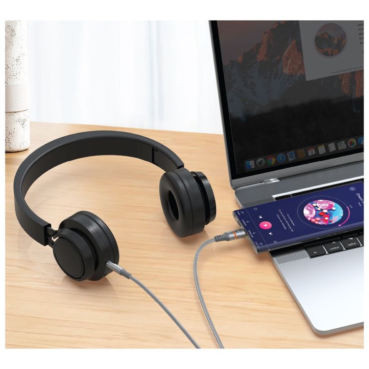 Porodo AUX to USB-C Cable with LED Light, 1.2m Cable Length, Universal Compatibility, Braided Cable Type, Tangle-Free Design - Gray