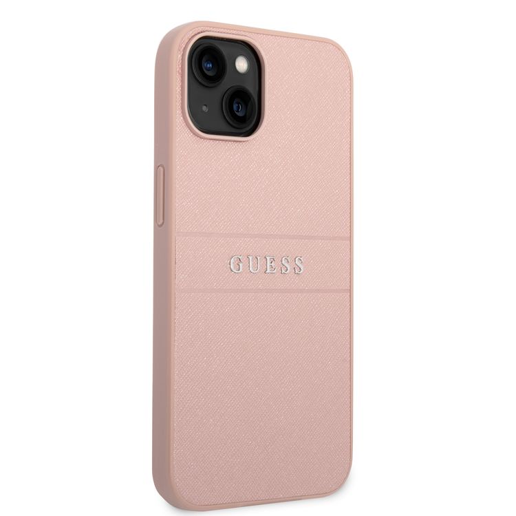 Guess PU Leather Saffiano Case with Metal Logo & Hot Stamp Stripes iPhone 14 Plus Compatibility - Pink