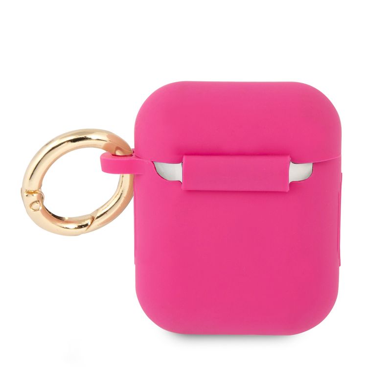 CG MOBILE Guess Silicone Printed Script Case with Anti-Lost Ring Compatible for AirPods 1/2, Scratch Resistant, Shock Absorption & Drop Protection Cover Officially Licensed - Fuchsia