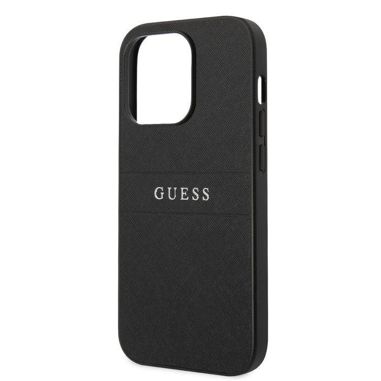 Guess PU Leather Saffiano Case with Metal Logo & Hot Stamp Stripes iPhone 14 Pro Compatibility - Black