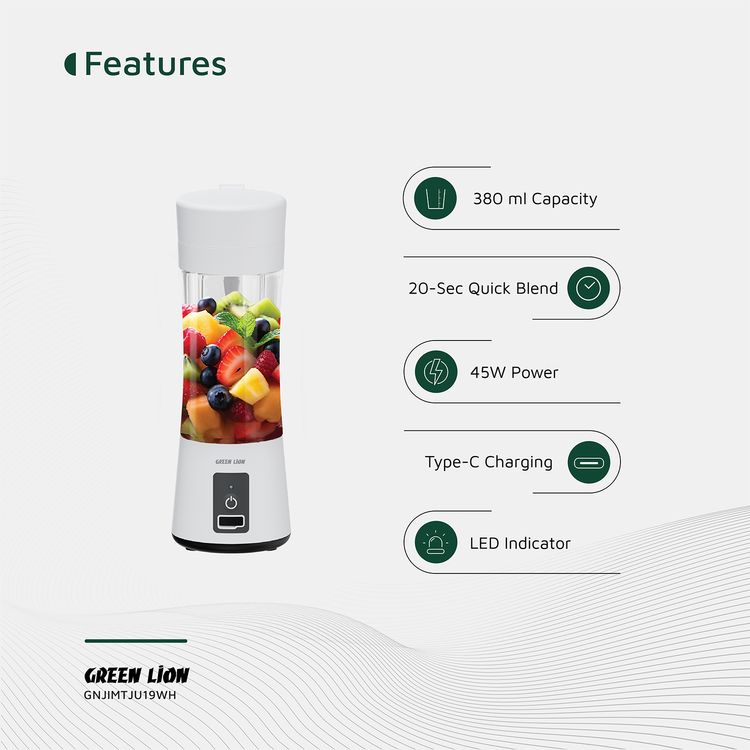Green Lion Juice Mate Portable Juicer with 380mL Capacity, 6-Blade Design, Up to 15 Blending Cycles, 1200mAh Battery & USB-C Charging Port, LED Indicator, 20 Seconds Single Blend Time, BPA-Free & Food-Grade Material - White