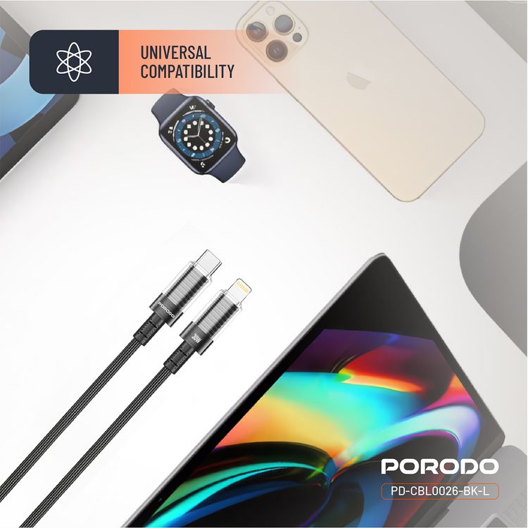 كابل USB-C إلى Lightning شفاف من Porodo، بطول 1.2 متر، متوافق عالميًا، PD 30W، آمن ومضمون، شاحن سريع للبيانات - أسود