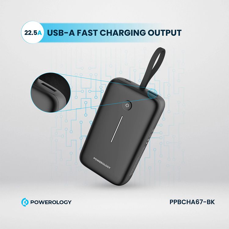 Powerology 20000mAh Power Bank with Detachable USB-C Wire, 30W Power Delivery, 3-Device Charging, Long Time Standby, Universal Phone Compatibility, Built-in Safeguards - Black