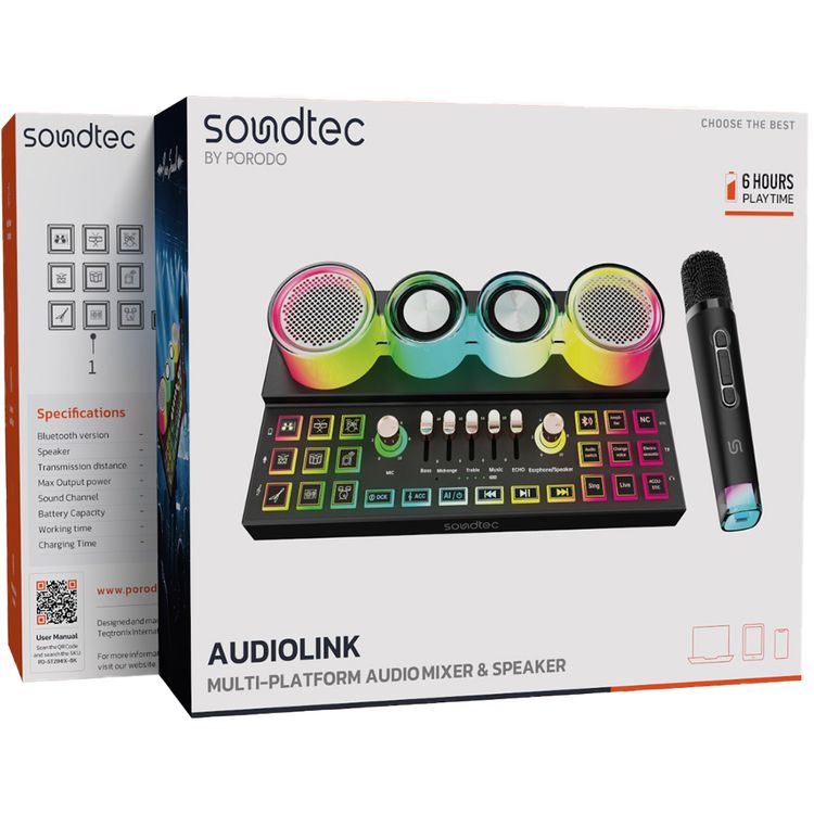 بورودو سوندتيك أوديو لينك مزيج صوتي متعدد المنصات ومكبر صوت، سعة بطارية 3600 مللي أمبير، إصدار بلوتوث 5.3+EDR، ميكروفون لاسلكي واحد مشمول، وقت عمل من 4 إلى 6 ساعات، اللون أسود.