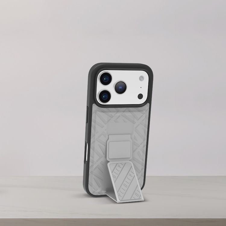 Levelo Morphix Cuero GripStand Case for iPhone 17 Pro, Raised Bezels for Camera & Screen, Shock-Resistant Bumper, Secure Hold, Horizontal & Vertical Viewing - Cloud Gray