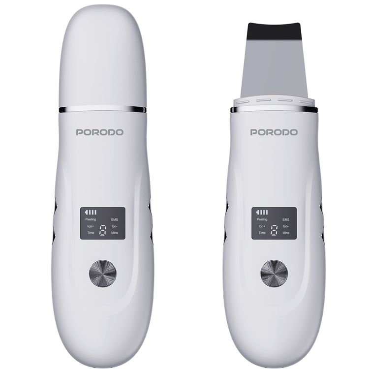 Porodo Lifestyle Ultrasonic Face Scrub & Peeler with LED Display, USB-C Charging, Cleanse, Exfoliate & Revitalize, Easy to Use, 150 Minutes Charging Time - White