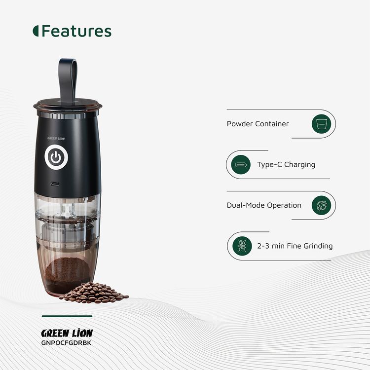 Green Lion Portable Coffee Grinder with Ceramic Griding Core, Powder Container, Type-C Charging Port, 78 RPM Motor, ABS + SUS304 Material, 30g Bean Capacity - Black