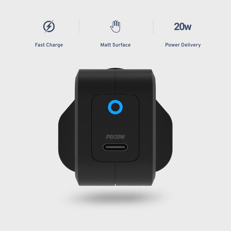Powerology Ultra-Compact GaN Charger with 20W Power Delivery, UK 3-Pin Plug, Built-in Safeguards, USB-C Fast Charging, 0%-60% Charge in 35 Minutes - Black
