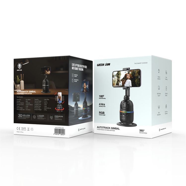 Green Lion Auto Track Gimbal, Multi-Device Support, Face Tracking, Gesture Detection, 3W Power, 1200mAh Battery, 1-4m Range,  6.5-9.5cm Phone Holder, Type-C Charging Port - Black