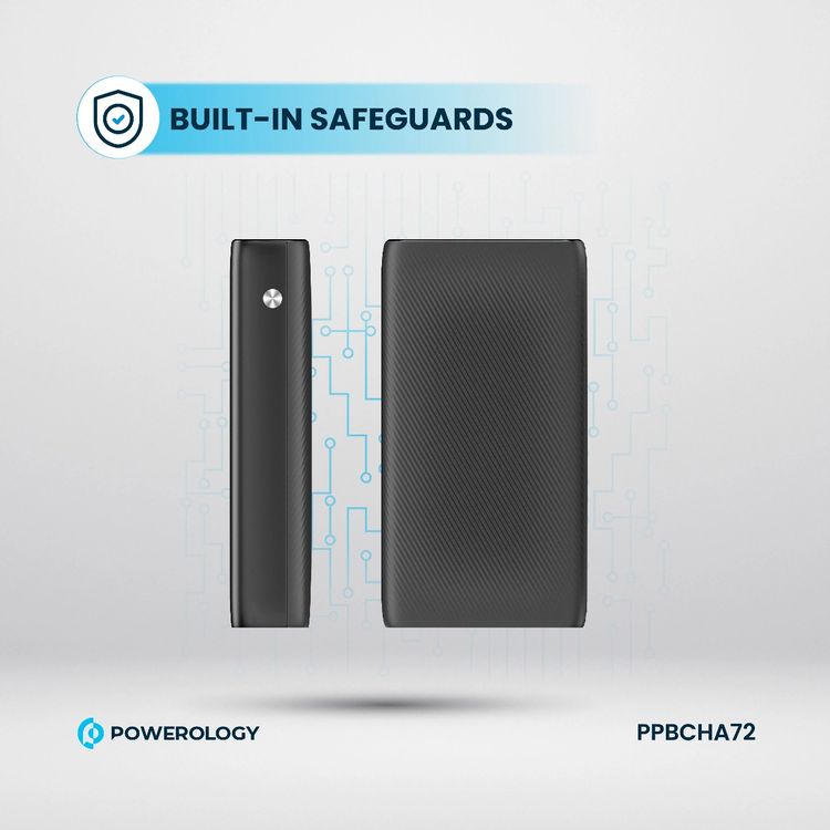 Powerology 20000mAh Power Bank, 35W Max Power, 70cm Retractable Type-C Cable, 3-Device Charging, USB-C Output & Input, 22.5W USB-A Output, Built-in Safeguards - Black