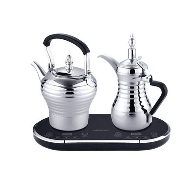 LePresso Electrical Arabic Coffee and Tea Dallah with Over-Heat Protection, 800mL Tea Pot Capacity, 750mL Coffee Pot Capacity, Simultaneous Preparation, Keep Warm   - Silver