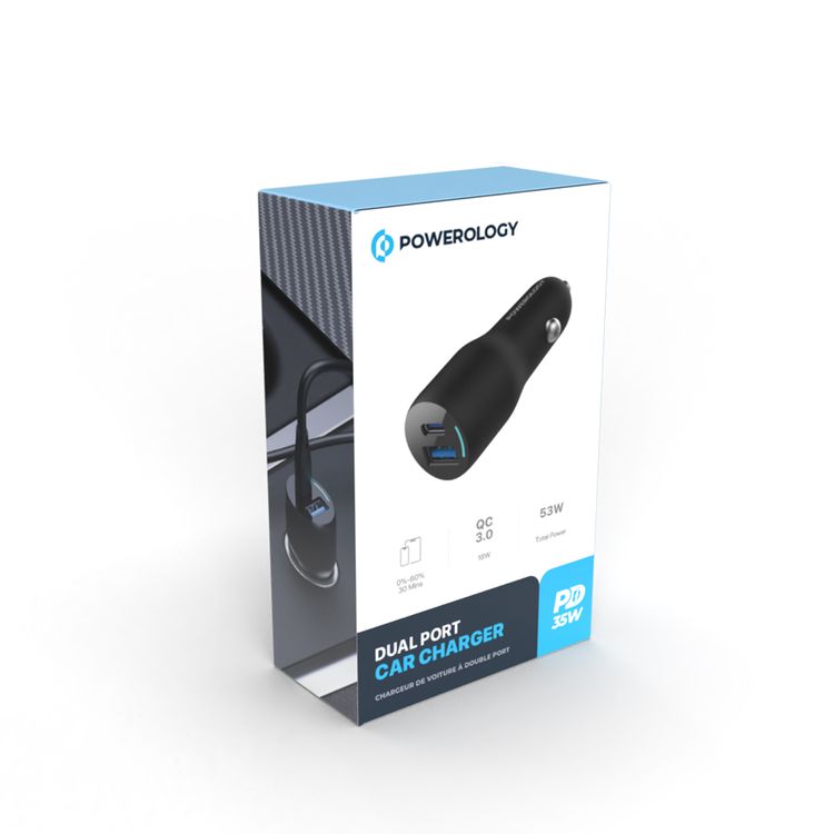 شاحن سيارة بمنفذ مزدوج من باورولوجي مع توصيل طاقة 35 وات، شحن سريع، مخرجات USB-C وUSB-A، أدوات حماية مدمجة، تصميم حاصل على براءة اختراع، طاقة إجمالية 53 وات - أسود