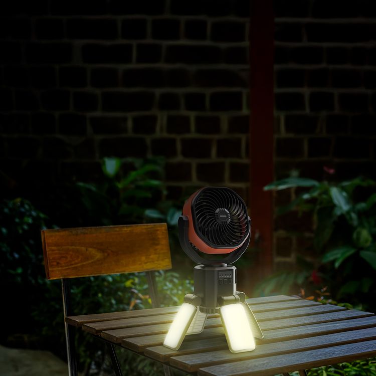 Porodo Suncharge Outdoor Solar Fan with LED Lighting & Power Bank Function, 3 LED Brightness Levels, 4 Speed Settings, Foldable Hanging Hook, 150°Auto Oscillation, Up to 30 Hours Working Time, 6000mAh Battery, 5W Rated Power - Black / Orange