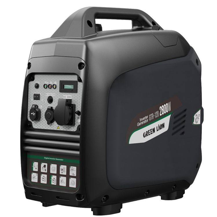 مولد عاكس يعمل بالبنزين من جرين ليون GTR120 بقوة خرج قصوى 2800 وات، وخزان وقود بنزين سعة 5 لتر، ومدة تشغيل 5 ساعات، ومحرك رباعي الأشواط، وسعة زيت 400 مل، وضوضاء منخفضة - أسود