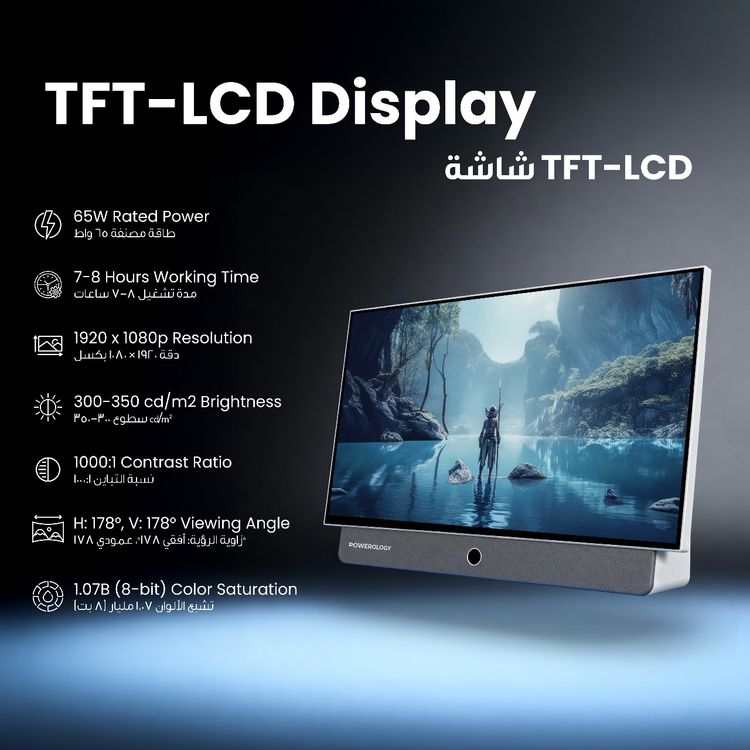 Powerology Portable FHD Smart TV with Active-Matrix LCD Display, 27" Display Size, Android 14, 7 Hours Built-in Battery, Front Speaker, FHD Screen Resolution, Protective Carrying Case - White