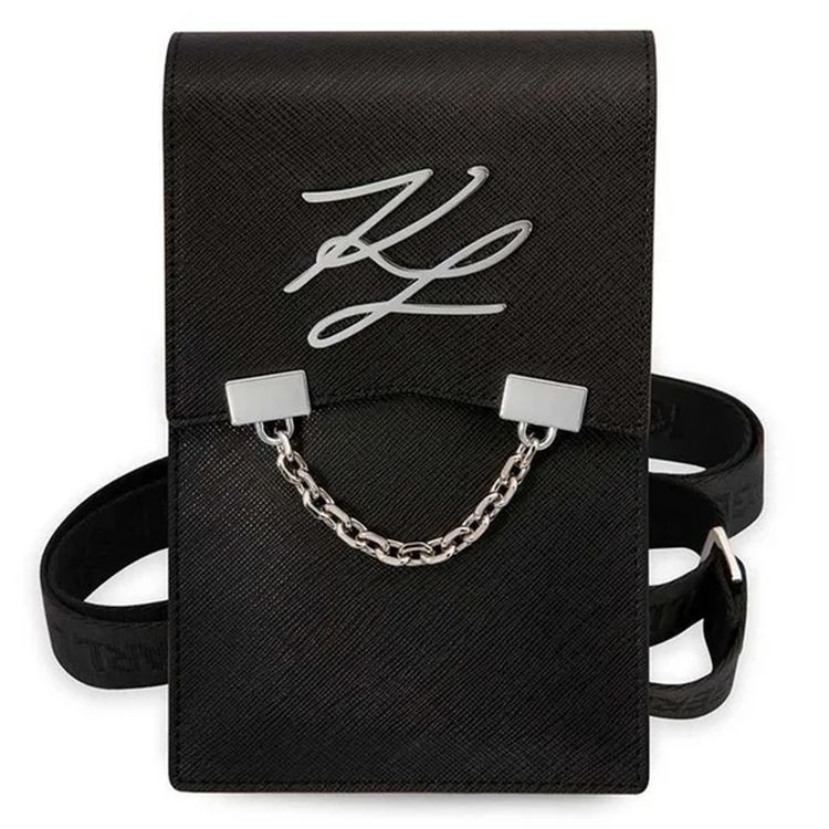 Karl Lagerfeld Autograph Chain Phone Pouch with Strap & Built-in Card Slots, ECO Leather Material, Clean & Luxurious Design, 2 Interior Pockets, Lightweight & Compact - Black