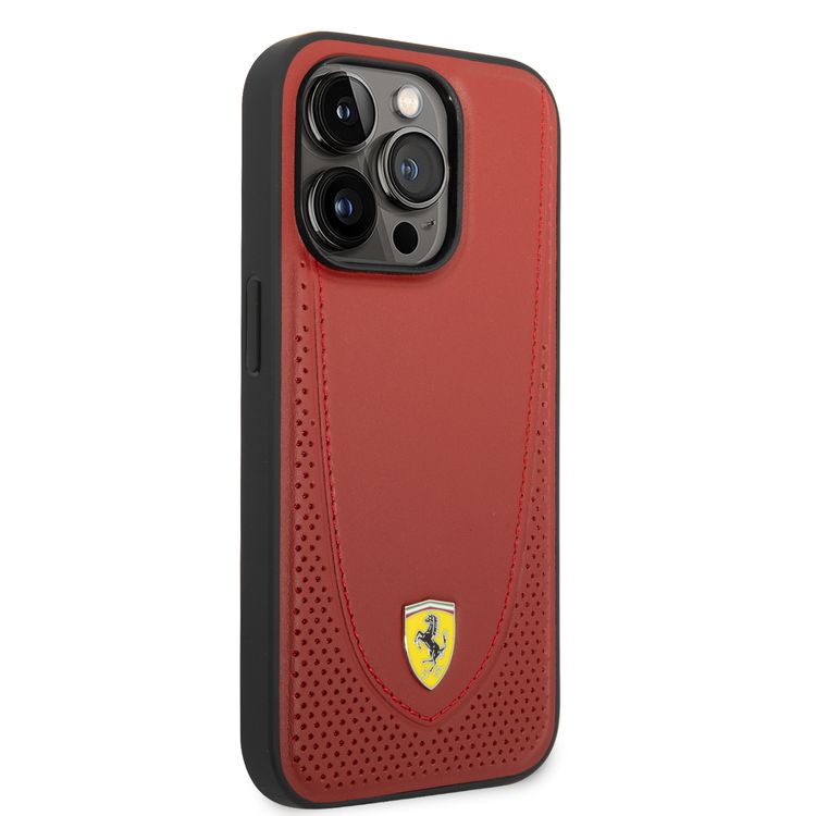 CG Ferrari Magsafe Compatibility Genuine Leather Hard Case with Curved Line Stitched iPhone 14 Pro Max Compatibility - Red