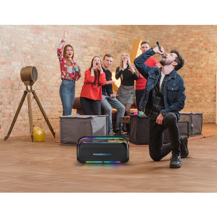 Powerology TWS Karaoke Speaker 150W with Mic and Remote, Bluetooth Version 5.0 + DSP, 18000mAh Battery Capacity, 12 Hours Working Time, 7.5 Hours Charging Time - Black