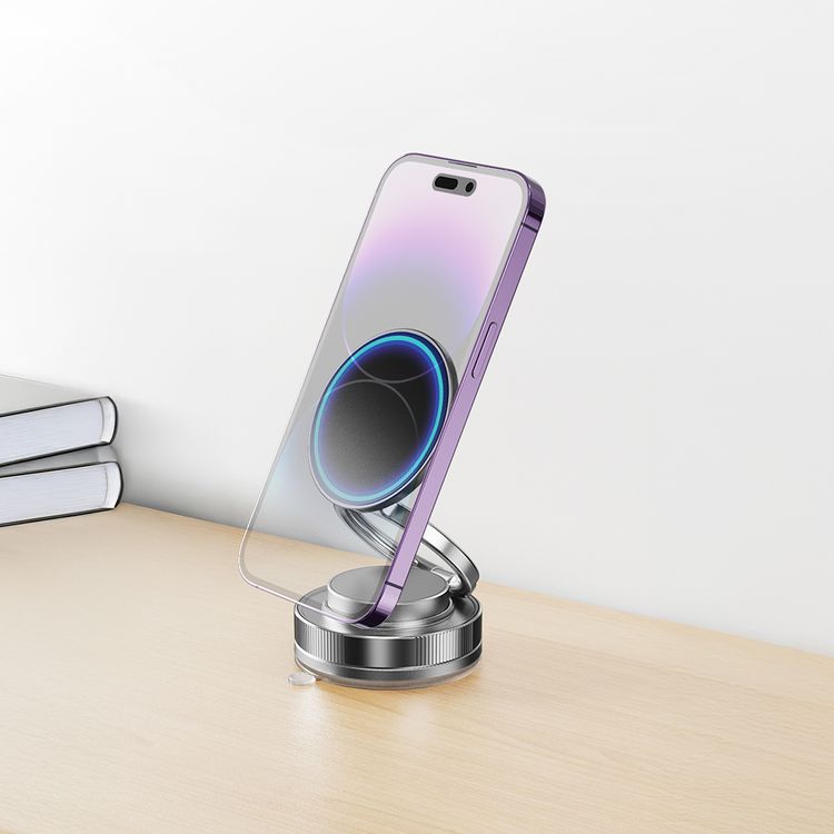 Porodo Vacuseal Vacuum Suction Folding Magnetic Mount with Double-Layer N54 Magnet, One-Handed Operation, Multi-Angle Adjustment, 360° Rotating Base, Strong Suction - Black