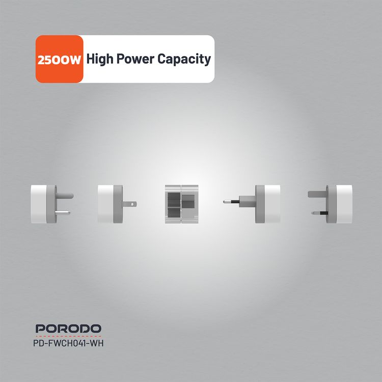 Porodo 150+ Countries Universal AC Adapters with UK, US, SA & EU Plugs, Portable & Multi-Functional Design, PC Material, 2500W High-Power Capacity, Built-in Safeguards - White