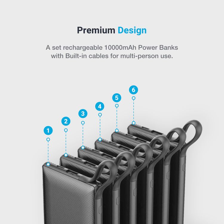 Powerology 6 in 1 Power Bank Station 10000mAh With Built-in Cable, Portable Power Bank, 1 Rapid Recharging Station, Type C Charging Ports - Black