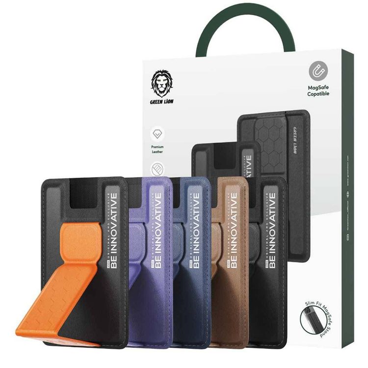 Green Lion Innovative MagSafe Wallet with Built-in Kickstand, Leather Material, Magnetic Fold Down, Snap-On Design, Maximum Two-Card Capacity - Brown