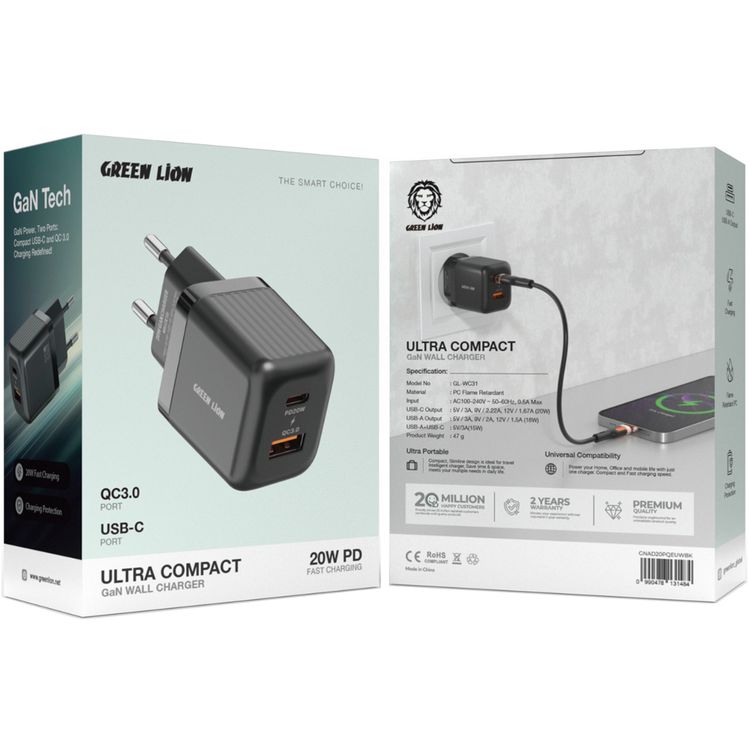شاحن حائط Green Lion Ultra Compact GaN مع منفذي USB-C وUSB-A وبدون كابل، مادة مقاومة للحريق للكمبيوتر الشخصي، دعم الشحن السريع، حماية الشحن، التوافق العالمي، محمول للغاية - أسود