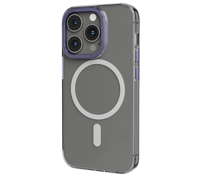 Levelo MagSafe Sensa Clear Back Case for iPhone 14 Pro, Metal Camera Ring, Shockproof Edges, Highly Transparent, Easy Snap-on - Clear / Purple