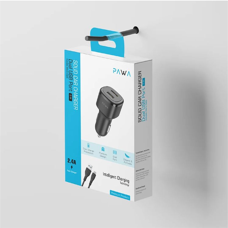 Pawa Solid Car Charger Dual USB Port 2.4A with Type-C Cable - Black
