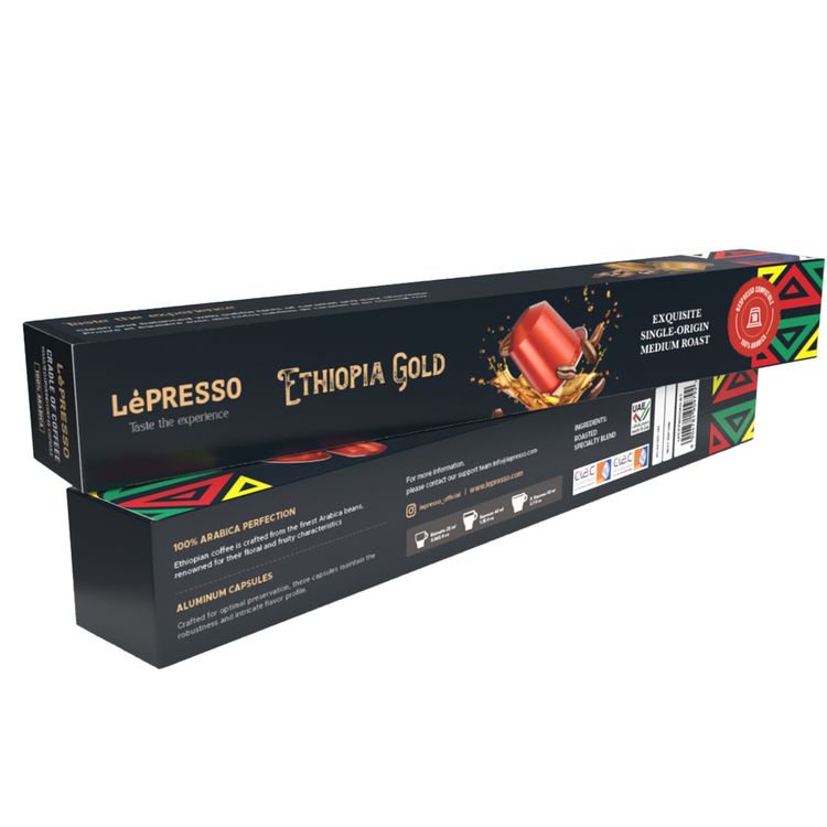 LePresso Aluminum Capsules for Nespresso, Ethiopia Origin, Floral & Fruity Flavor Notes, 100% Arabica, Medium Roast Level, 10 Capsules per Pack - Red