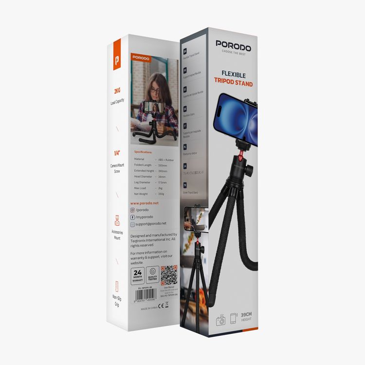 Porodo Flexible Foldable & Extendable Tripod with Phone Holder, ABS + Rubber Material, Non-Slip Grip, 330mm Folded Length, Lightweight & Portable, 39cm Extended Height - Black