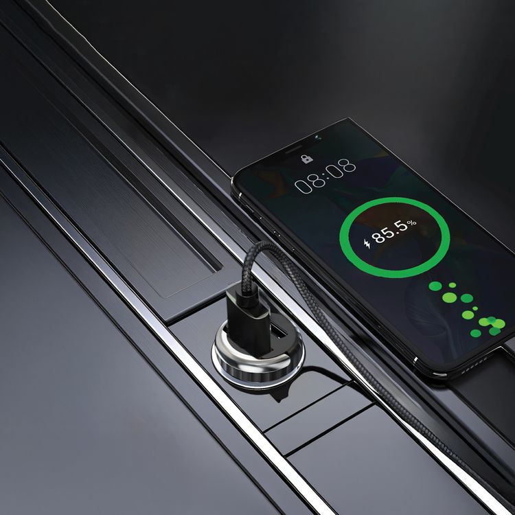 Porodo Dual Port Transparent Car Charger with USB-C to Lightning Cable, PD 36W, QC 18W, USB-A & USB-C Ports, Pull Ring Handle, Fast Charging Technology, Smart Charging Protocols, Universal Compatibility - Black