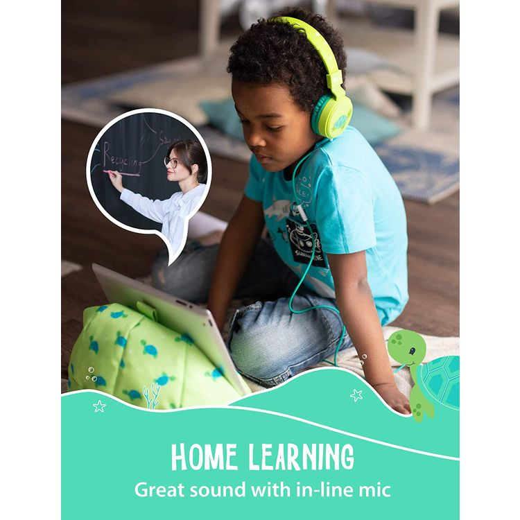 Planet Buddies Kids Wired Headphones with 85 dB Volume Limited, Plug and Play, Lightweight and Comfortable Design, 40 mm Driver Size, Adjustable Headband Suitable for Children (Turtle) - Green