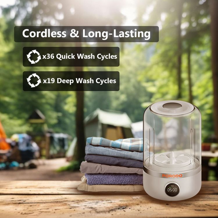 Porodo Lifestyle Cordless Mini Washing Machine for Delicate & Baby Clothes, Dual Washing Modes, LED Digital Display, 1.2L Cup Capacity, 10W Rated Power, 4000mAh Battery Capacity, Type-C Charging Port - White