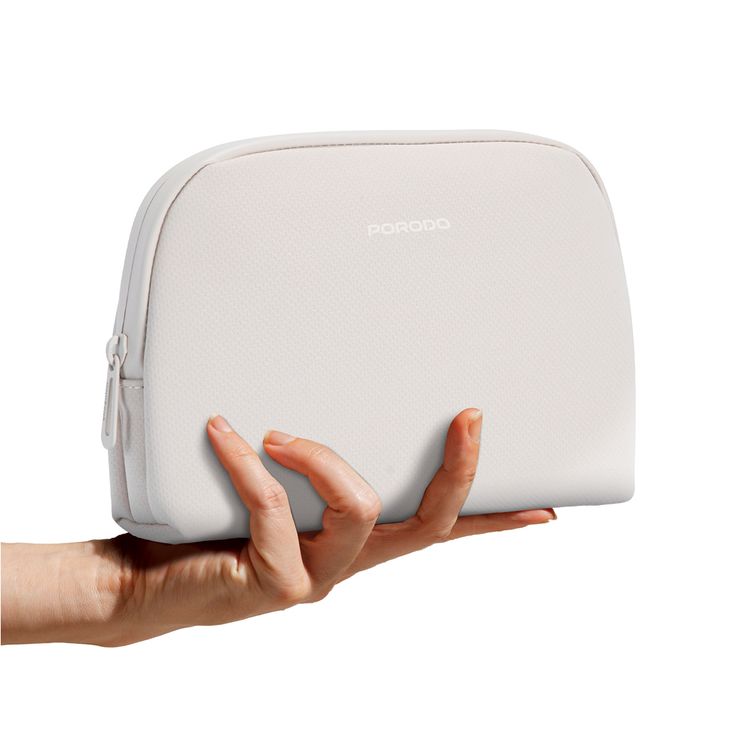 Porodo Geneva Tech Accessory Pouch with Easy-to-Carry Handle, 1L Capacity, PU Material, Zipper Closure, Water Resistant, Spacious Compartment, Cable Organizer - Beige